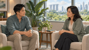 Illustration of a client and counsellor having a thoughtful conversation in a welcoming room.