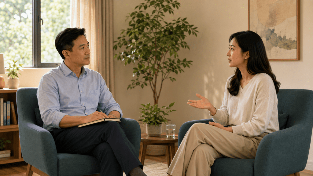 Illustration of a counsellor listening to a client during a face-to-face counselling session.