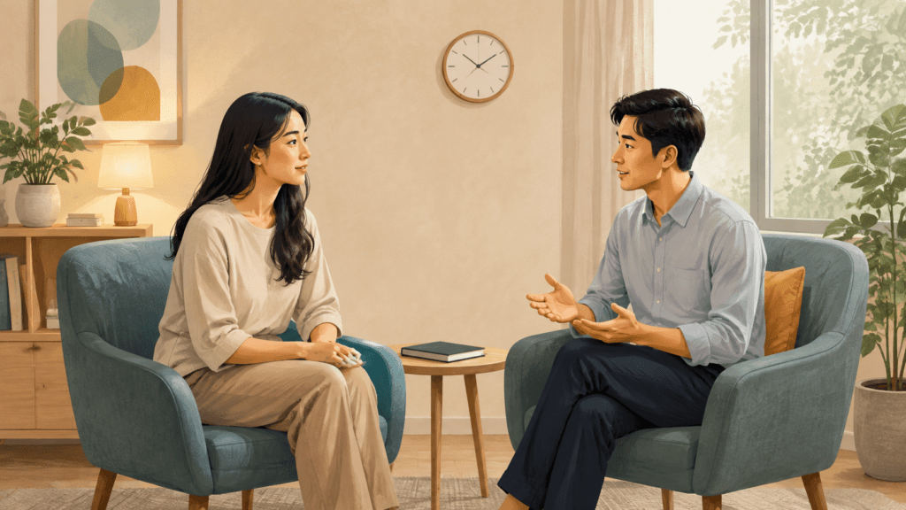 Illustration of a counsellor and client talking in a welcoming counselling room.