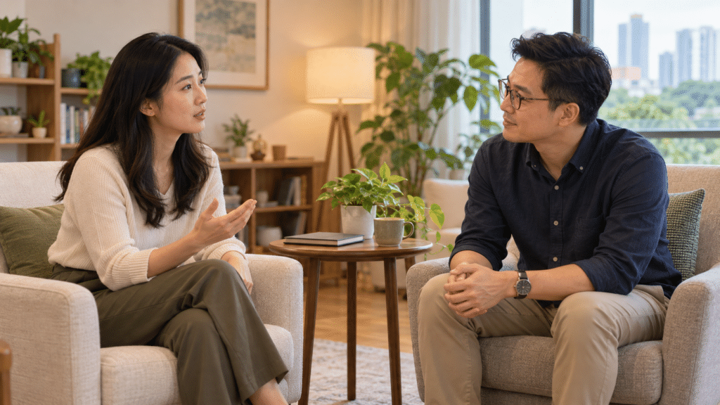 A woman talking with an attentive counsellor in a welcoming room.