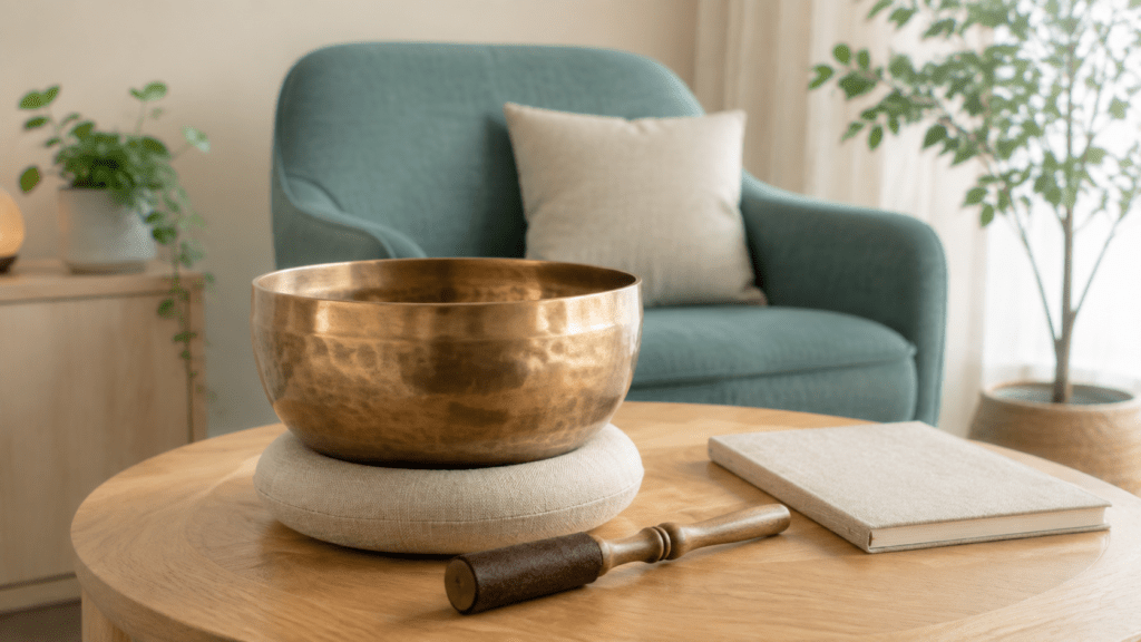 Singing bowl and mallet beside a notebook in a welcoming counselling setting