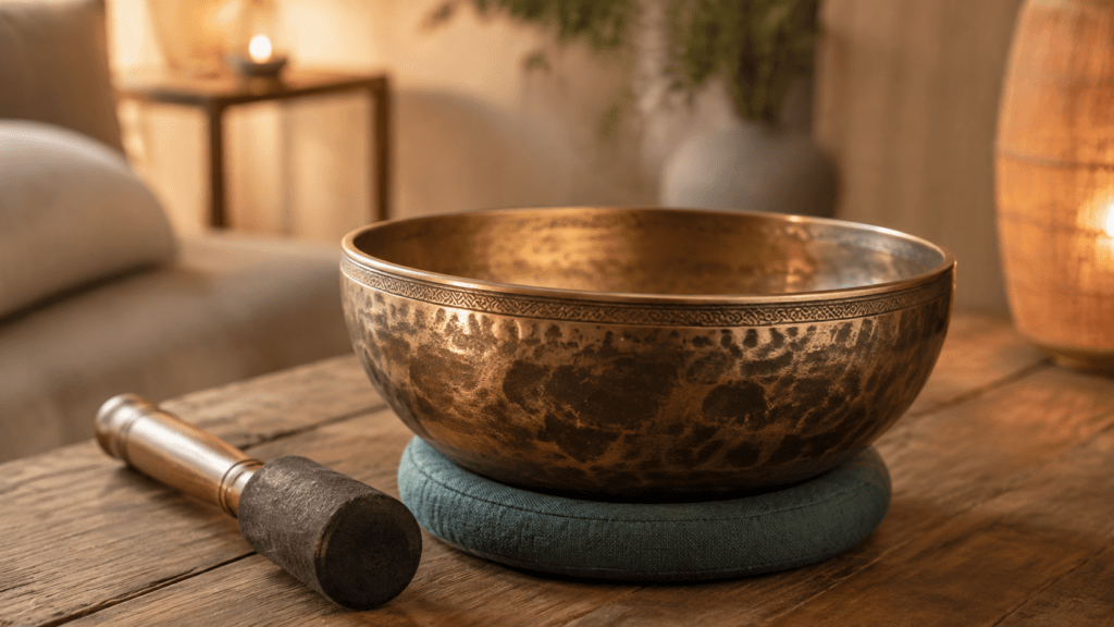 Close-up illustration of a bronze singing bowl with textured hammer marks, resting beside a mallet on a wooden table.