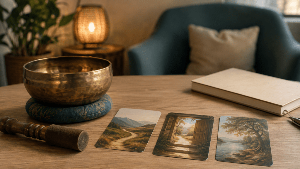 A singing bowl, mallet and symbolic picture cards on a counselling room table.