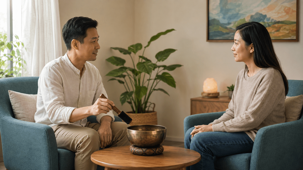 Illustration of a counsellor and client seated together with a singing bowl and mallet between them.